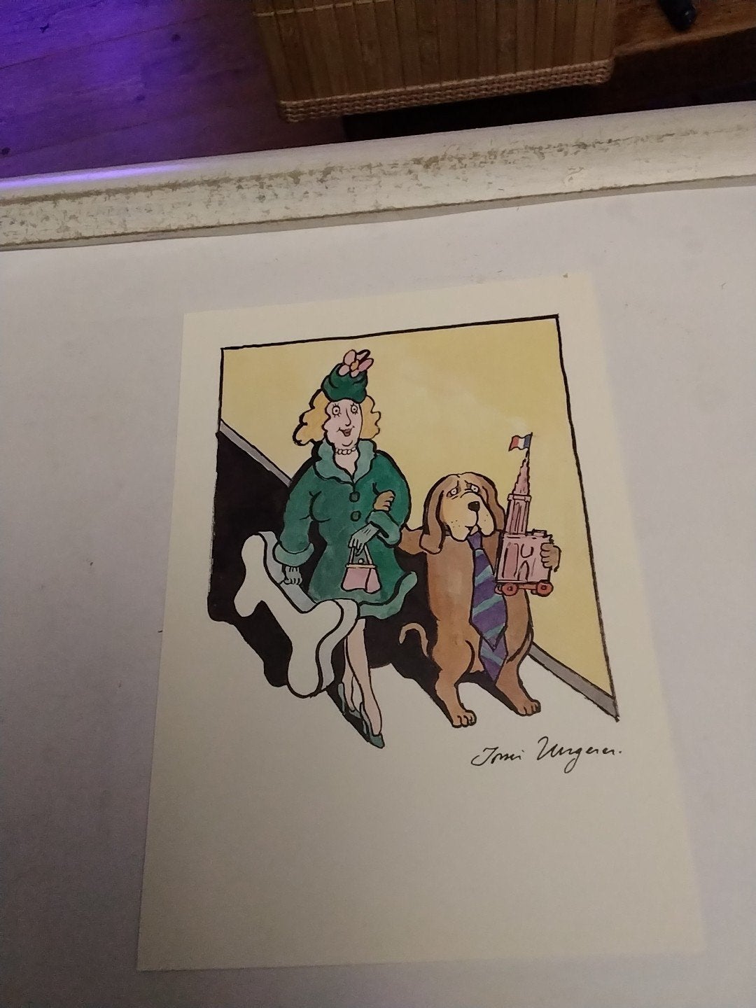 Grappige tekening van vrouw met hond en bot, Ophalen of Verzenden