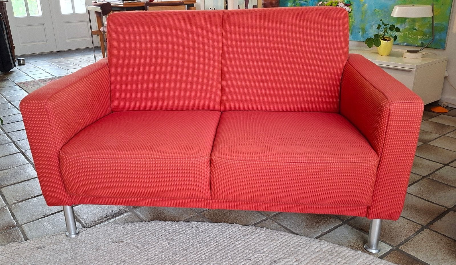 Gelderlander Bank en Fauteuil - Rode Ruit Bekleding, Ophalen, Minder dan 75 cm, Tweepersoons, Zo goed als nieuw