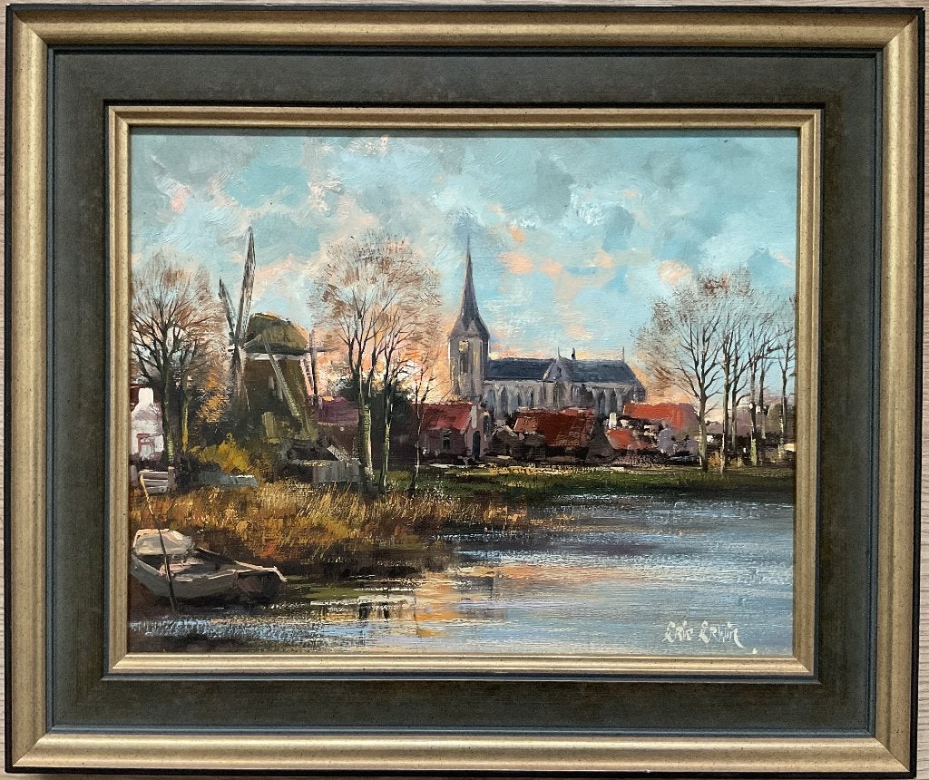 Eric Erwin (1953) - Dorpsgezicht, Antiek en Kunst, Kunst | Schilderijen | Klassiek, Paneel, Ophalen of Verzenden, Olieverf, Klassiek