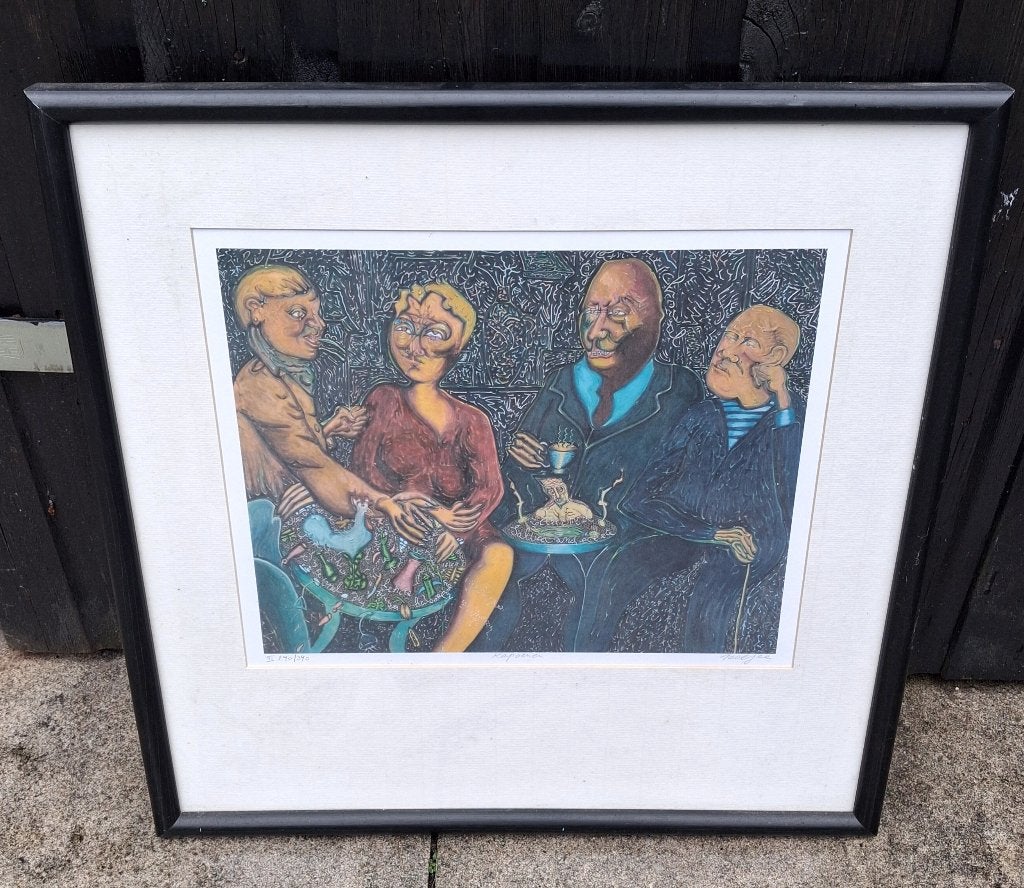 Pjeroo Roobjee (1945- ), kleurenlitho "kapoenen", Portret en Figuren, Ophalen of Verzenden, Lithografie, Gelimiteerde oplage
