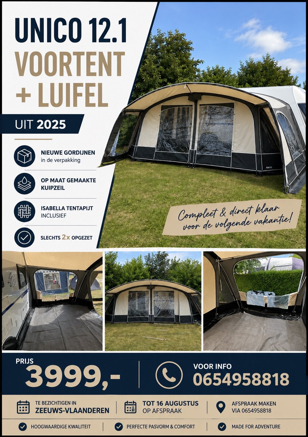 Unico 12.1 Voortent + luxe Luifel uit 2025 - 2x opgezet!, Caravans en Kamperen, Ophalen, Zo goed als nieuw, Tot en met 4