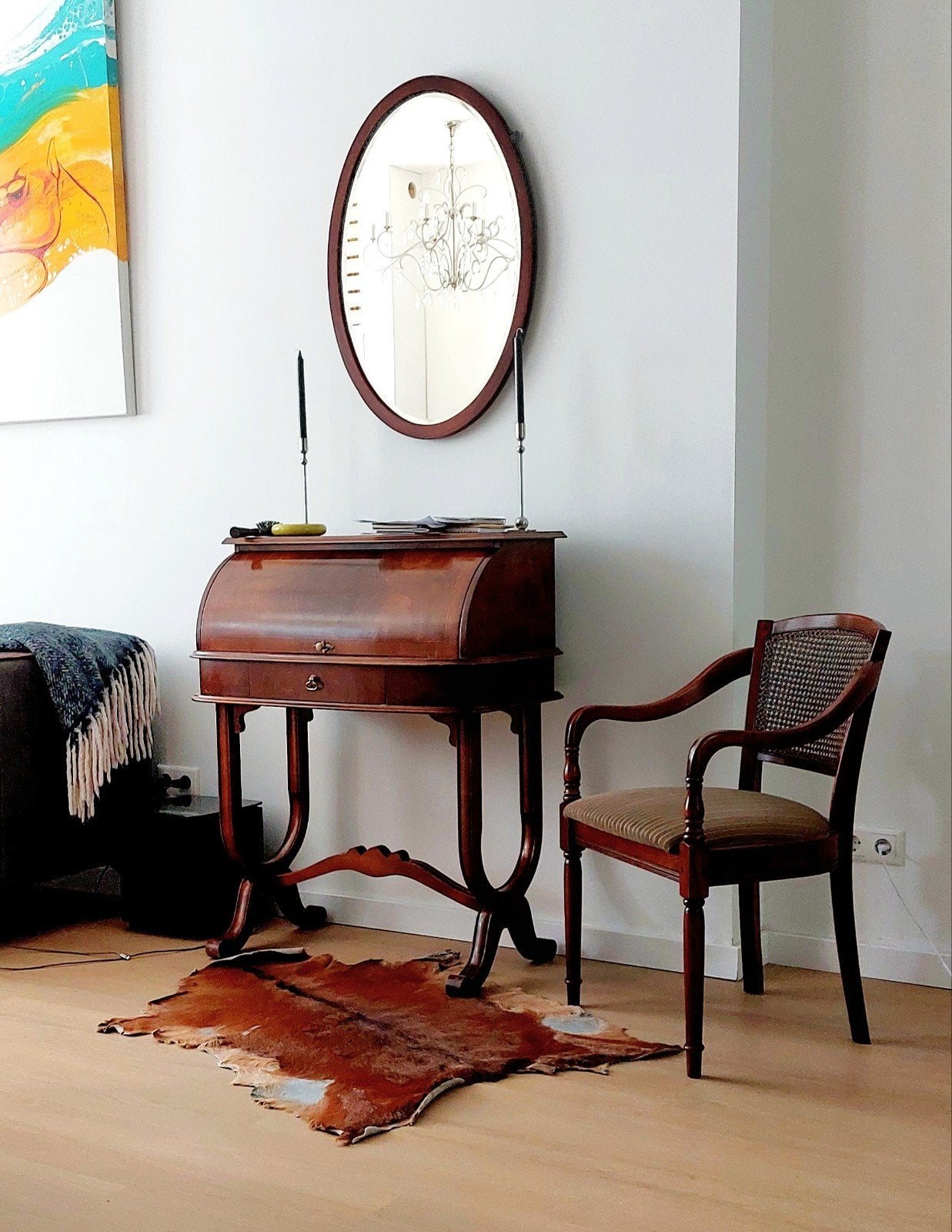 Vintage mahoniehouten secretaire en ovale spiegel set, Ophalen