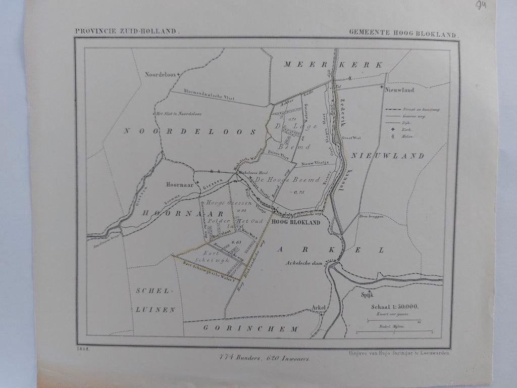 74 / Hoog Blokland hoornaar Noordeloos Litho 1868 J. Kuyper, Antiek en Kunst, Ophalen of Verzenden