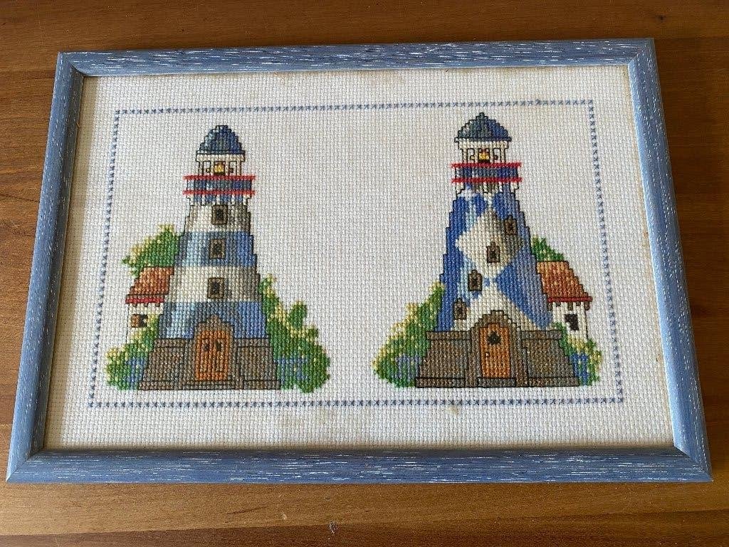 Vuurtoren geborduurd, Gebruikt, Meerkleurig, Textiel, Ophalen of Verzenden