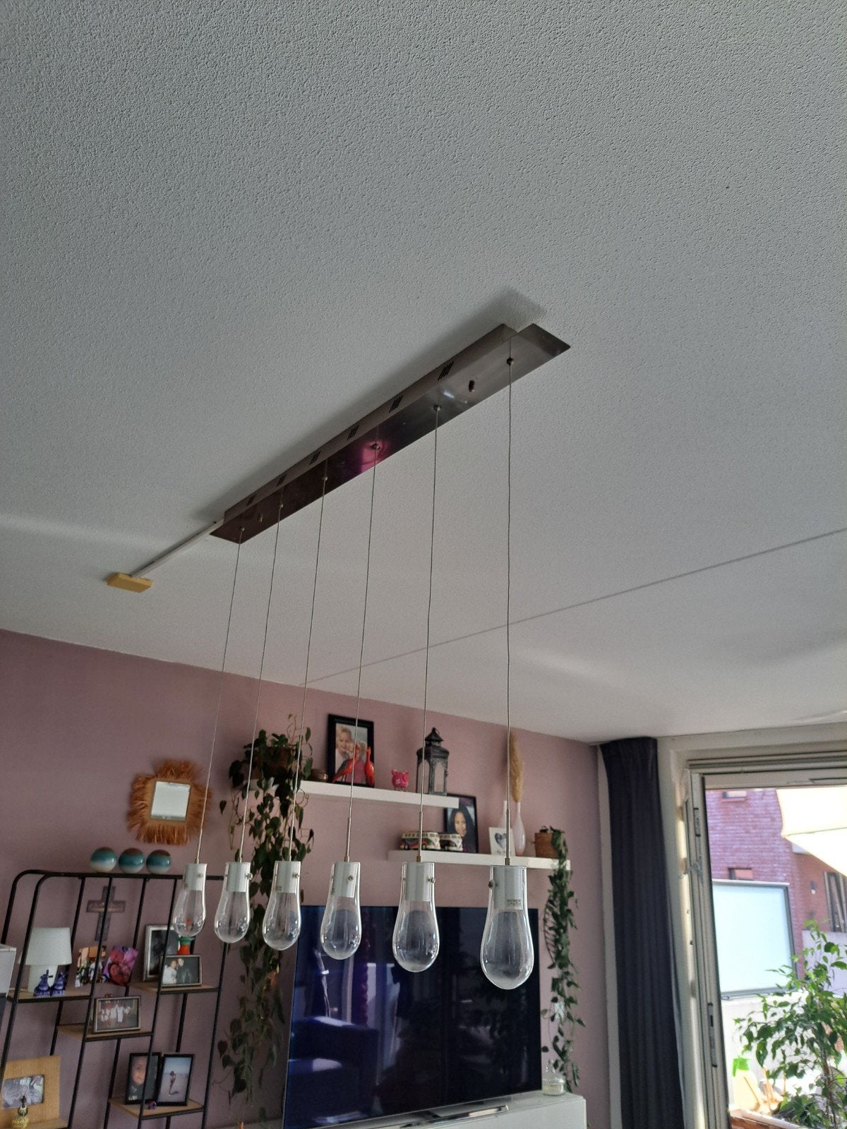 Moderne hanglamp met 6 glazen bollen, Huis en Inrichting, Ophalen, Gebruikt, E27 (groot), Glas