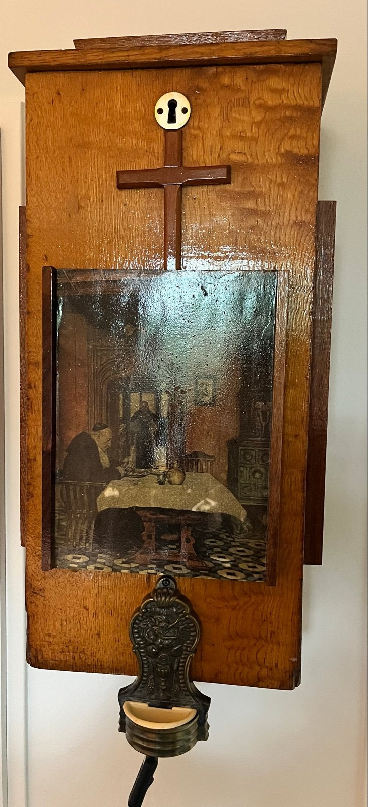 Antieke houten lamp met religieuze afbeelding, Antiek en Kunst, Ophalen