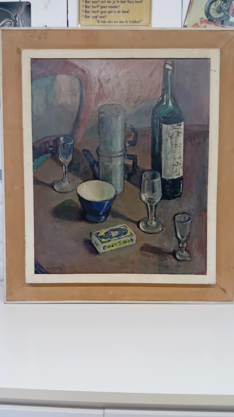 stil leven met fles henk maas, Antiek en Kunst, Ophalen, Doek, Oud hollands, Stilleven