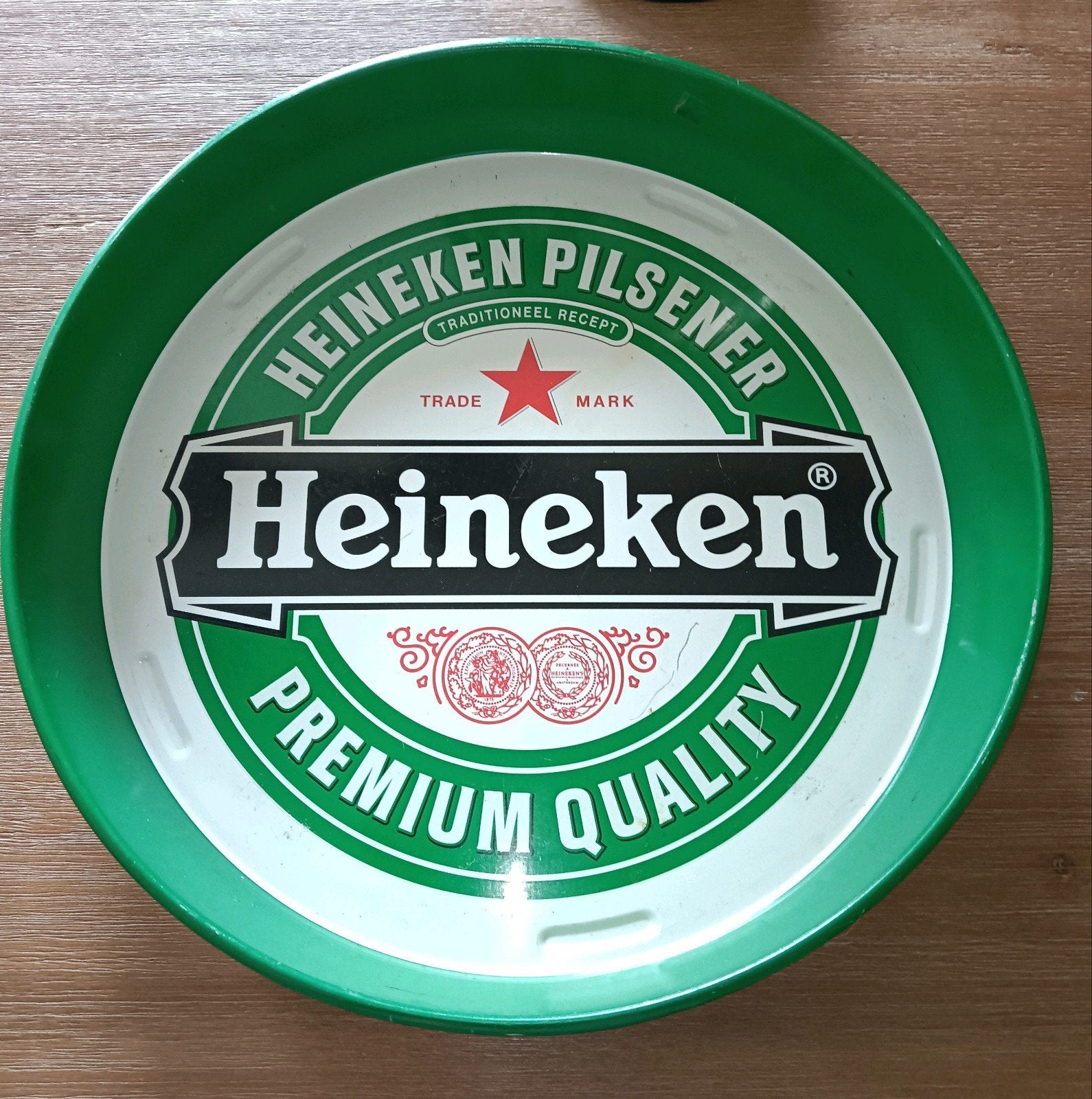 Vintage Heineken dienblad - groen metaal, Ophalen of Verzenden, Gebruikt, Rond, Metaal