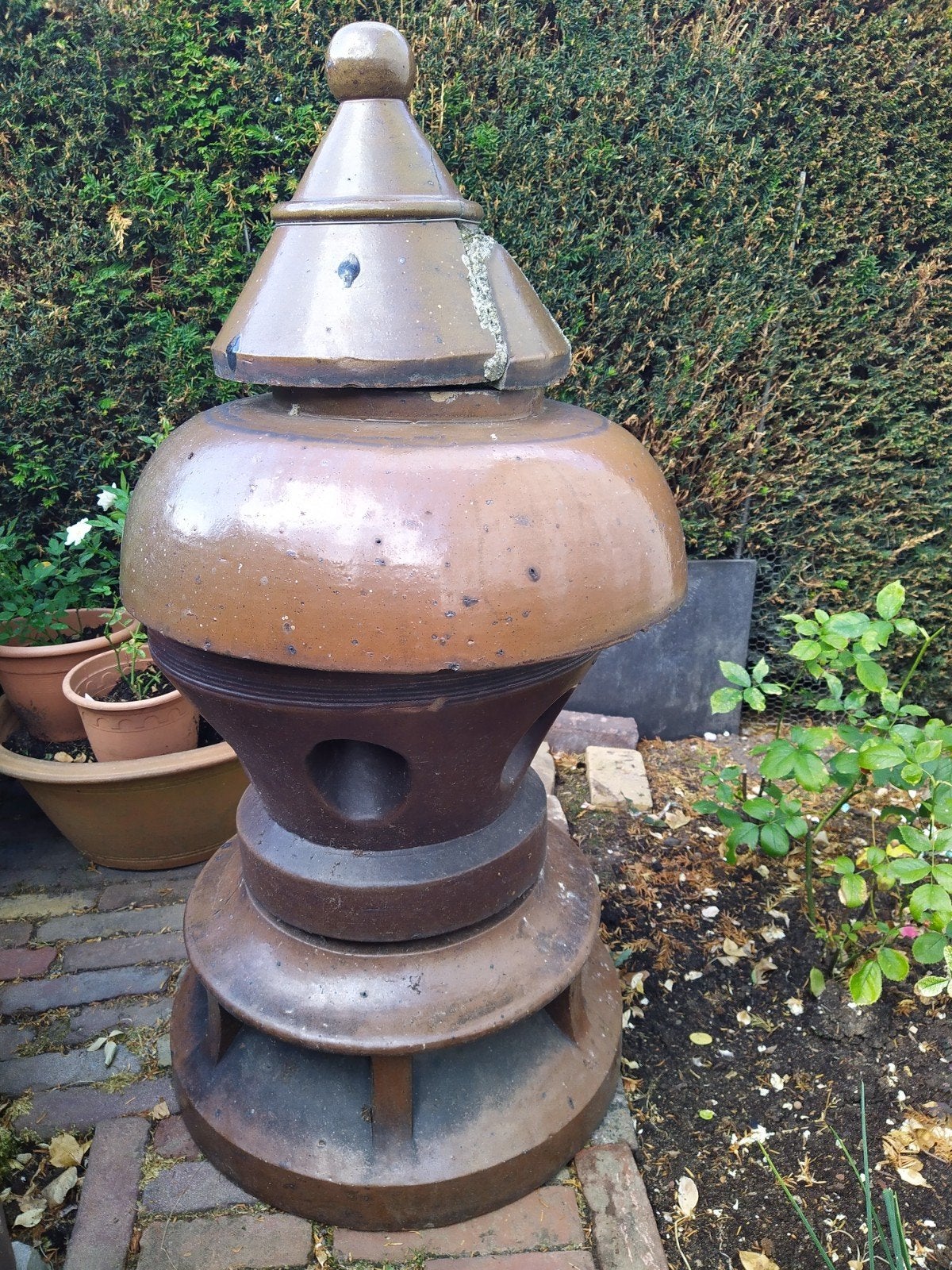 Antieke terracotta schoorsteenpot - 95 cm., Ophalen, Gebruikt