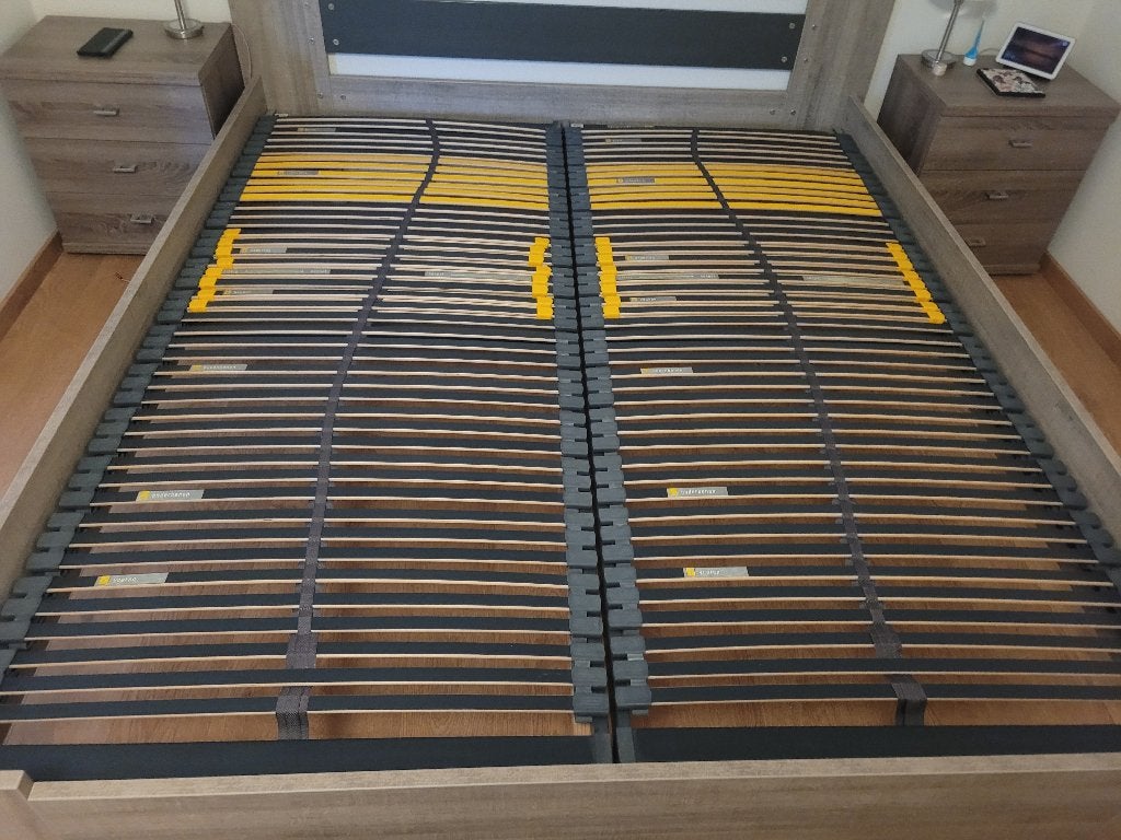 2x lattenbodem en matras (90x210 cm), Ophalen, Gebruikt, 90 cm, 210 cm