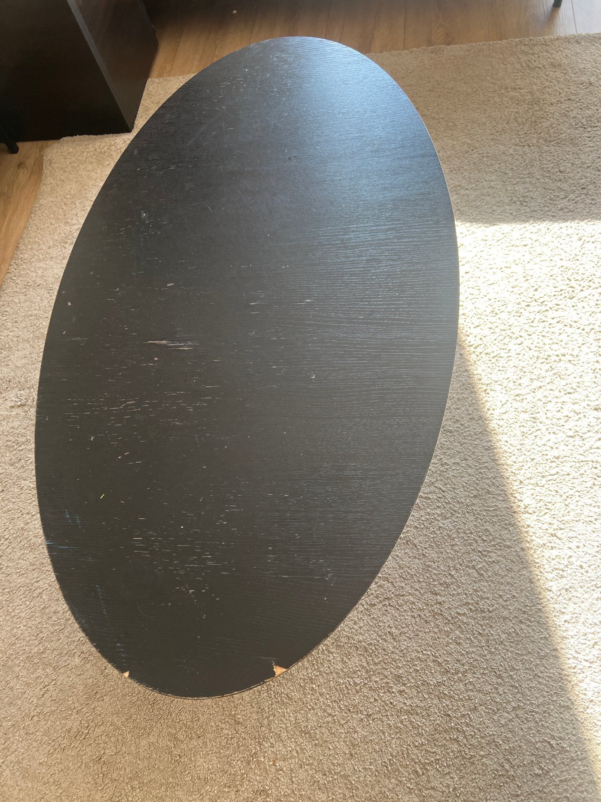 Zwarte ovale salontafel met uniek onderstel, Ophalen, Gebruikt, 100 tot 150 cm, 50 tot 100 cm