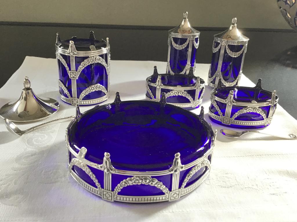 Zilveren peper-zout-mosterdstel met kobaltblauw glas 6-delig, Antiek en Kunst, Ophalen of Verzenden, Zilver