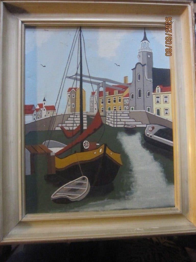 DELFSHAVEN R.dam, Mooi Naief schilderij met Pelgrimkerk, Antiek en Kunst, Ophalen, Acrylverf, Overige stijlen, Doek