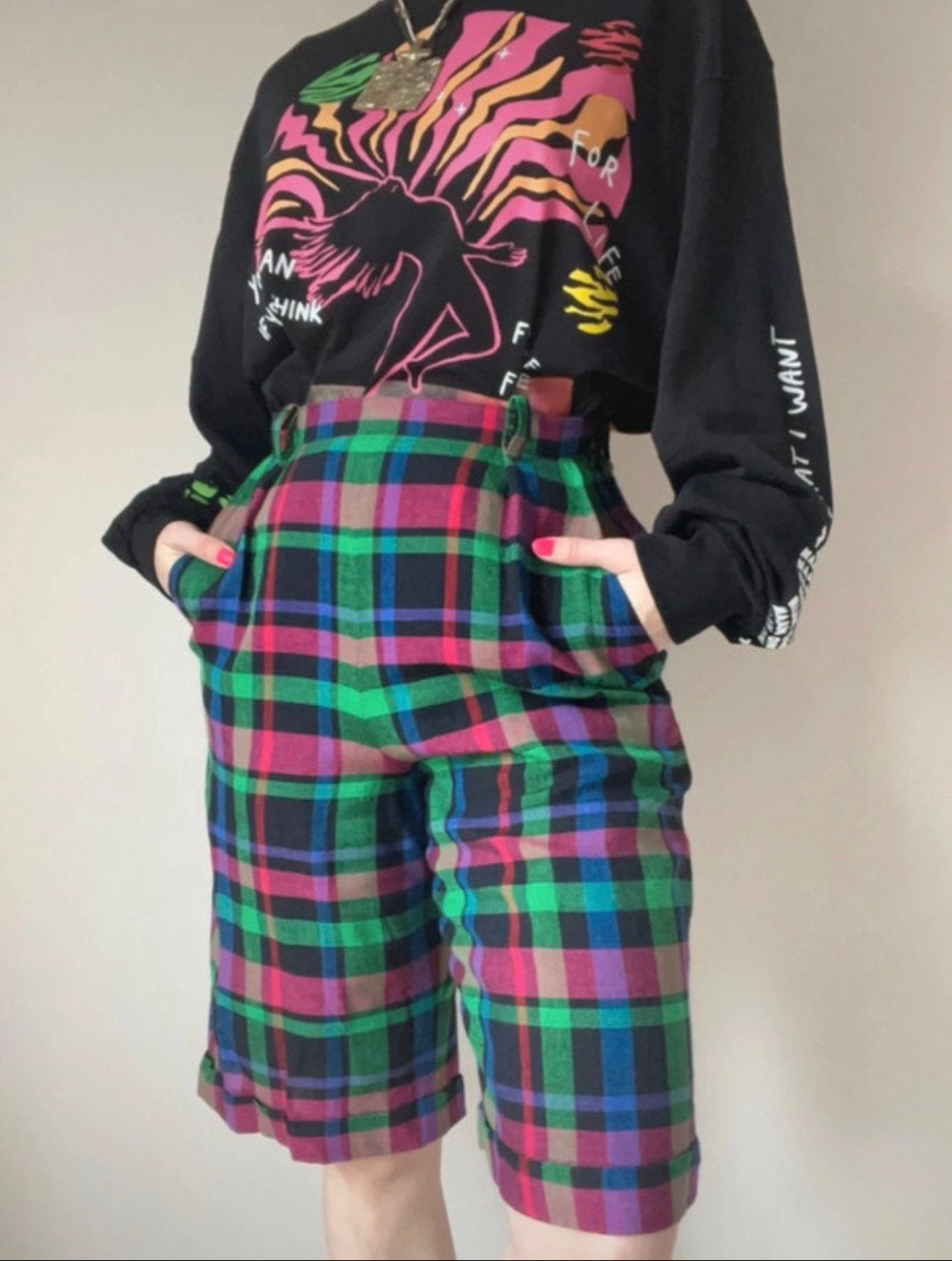 Geblokte vintage shorts, 38. Tartan high waist checkered, Maat 38/40 (M), Kort, Vintage, Gedragen