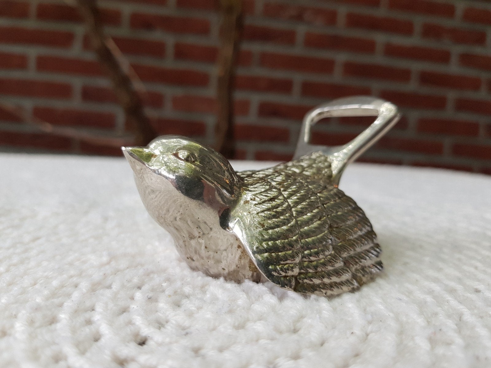 Verzilverde vogel flessenopener mid-century, Verzenden