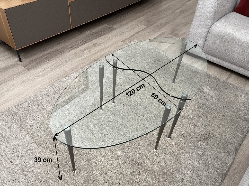 Glazen salontafel met unieke vorm, Ophalen, Gebruikt, 100 tot 150 cm, 50 tot 100 cm