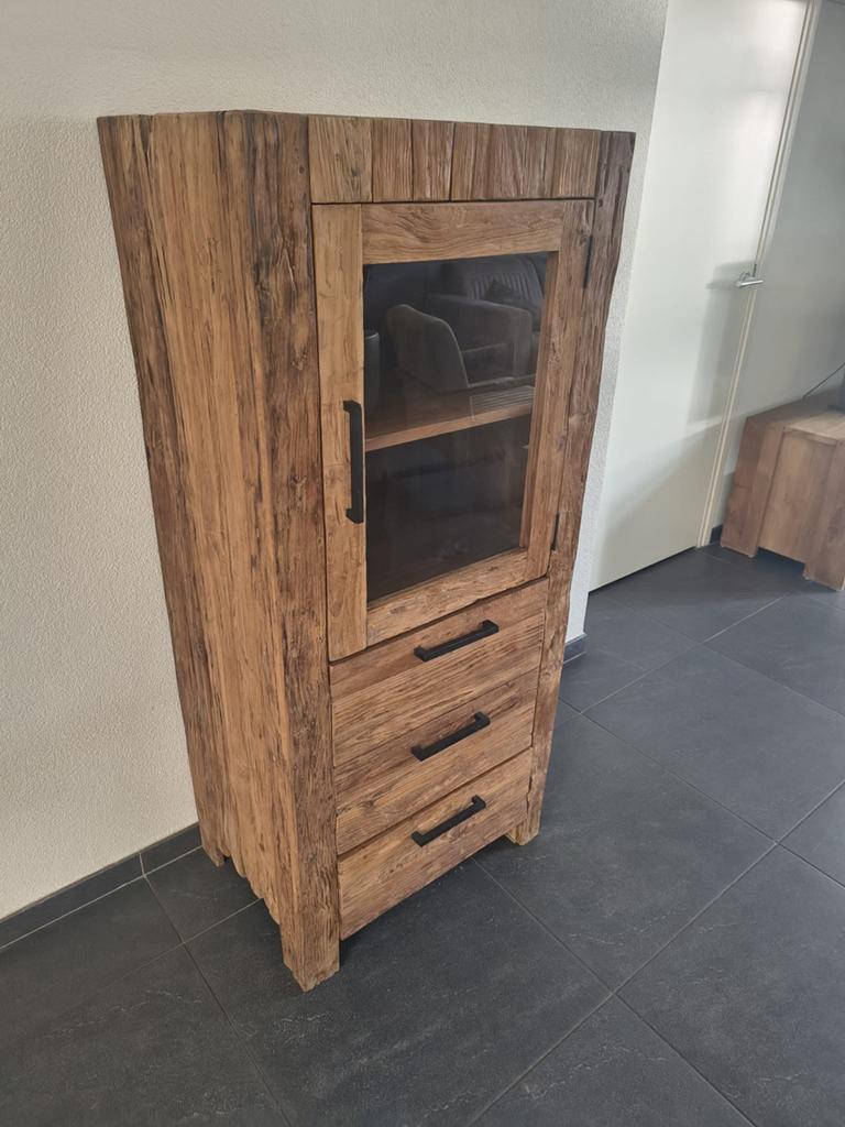 Robuuste Teakhouten Vitrinekast, Ophalen, 100 tot 150 cm, Teakhout, 50 tot 100 cm