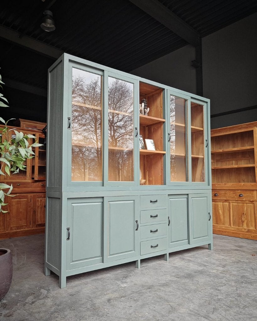 Grote winkelkast teakhout | teak | grijs, blauw, groen #528, Niet ingevuld, 200 cm of meer, Niet ingevuld, Met lade(s)