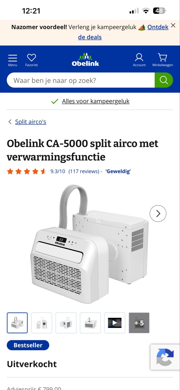 Obelink CA-5000 split airco met verwarmingsfunctie NIEUW, Ophalen, Minder dan 60 m³, Nieuw, 3 snelheden of meer