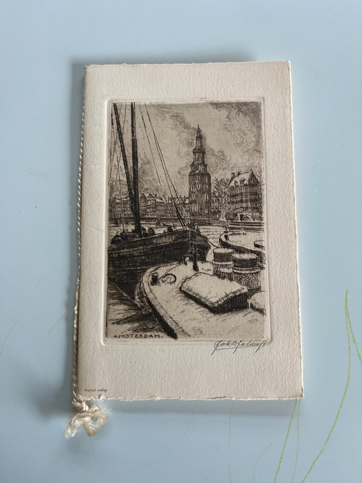 Originele ets Amsterdam gracht met Westertoren, Ets, Stadsgezicht, Ophalen of Verzenden, Gesigneerd