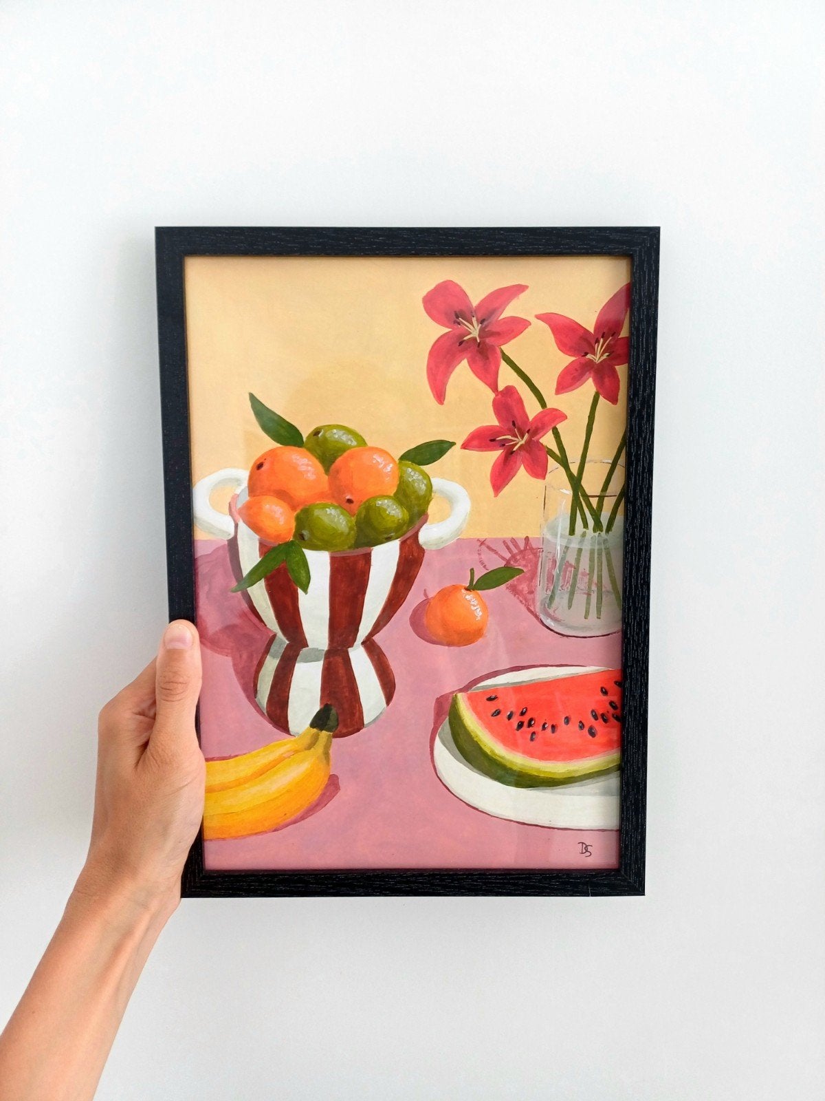 Origineel acryl schildeeij van fruitschaal en vaas lelies, Ophalen of Verzenden, Papier/karton