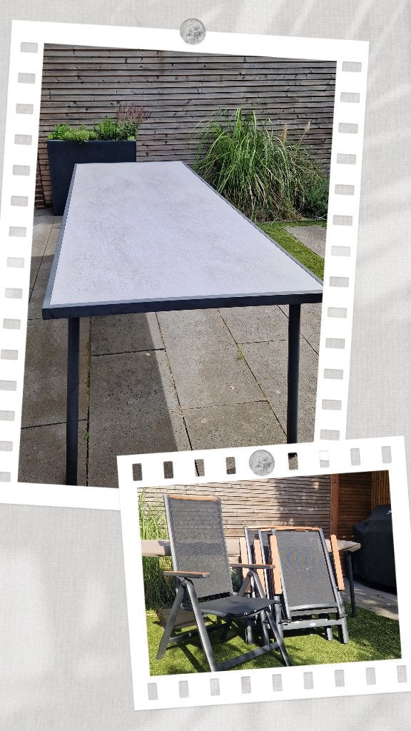 Outdoor eettafel incl. beschermhoes en stoelen, Ophalen, Gebruikt, Rechthoekig, Aluminium