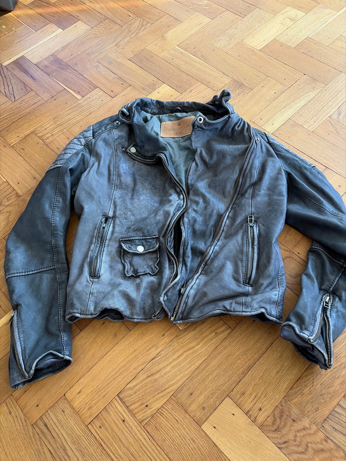 Goosecraft Leren Bikerjas - Grijs/Blauw - Maat L, Kleding | Dames, Ophalen, Gedragen, Grijs