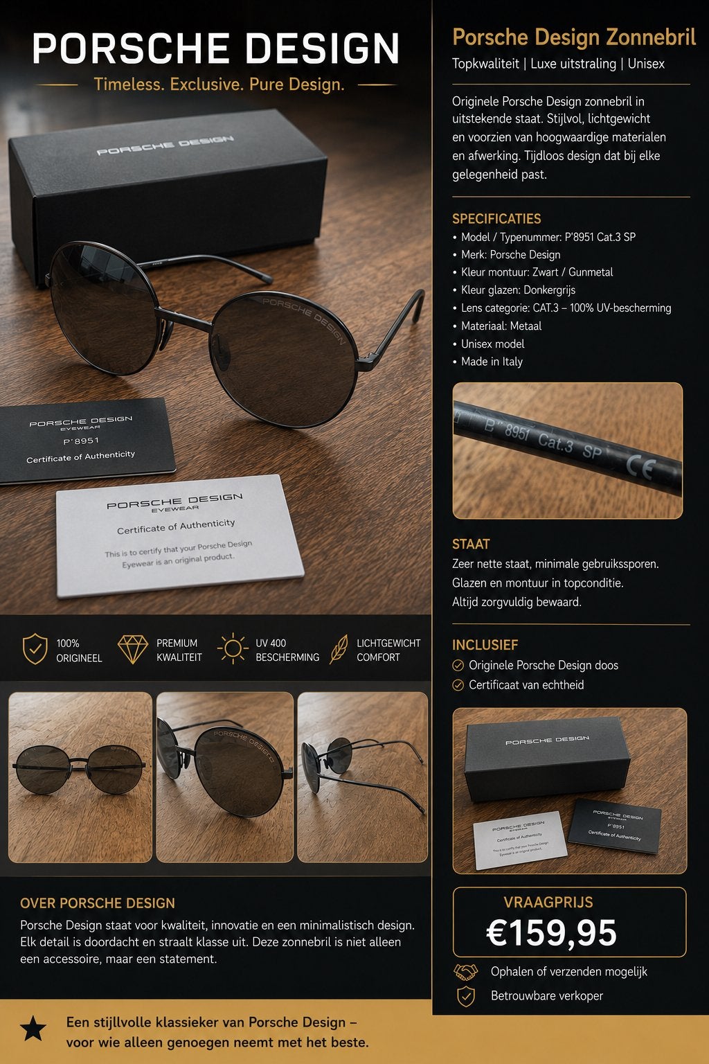 Porsche Design Zonnebril P'8951 - Topkwaliteit & Luxe, Overige merken, Zonnebril, Zwart, Ophalen of Verzenden