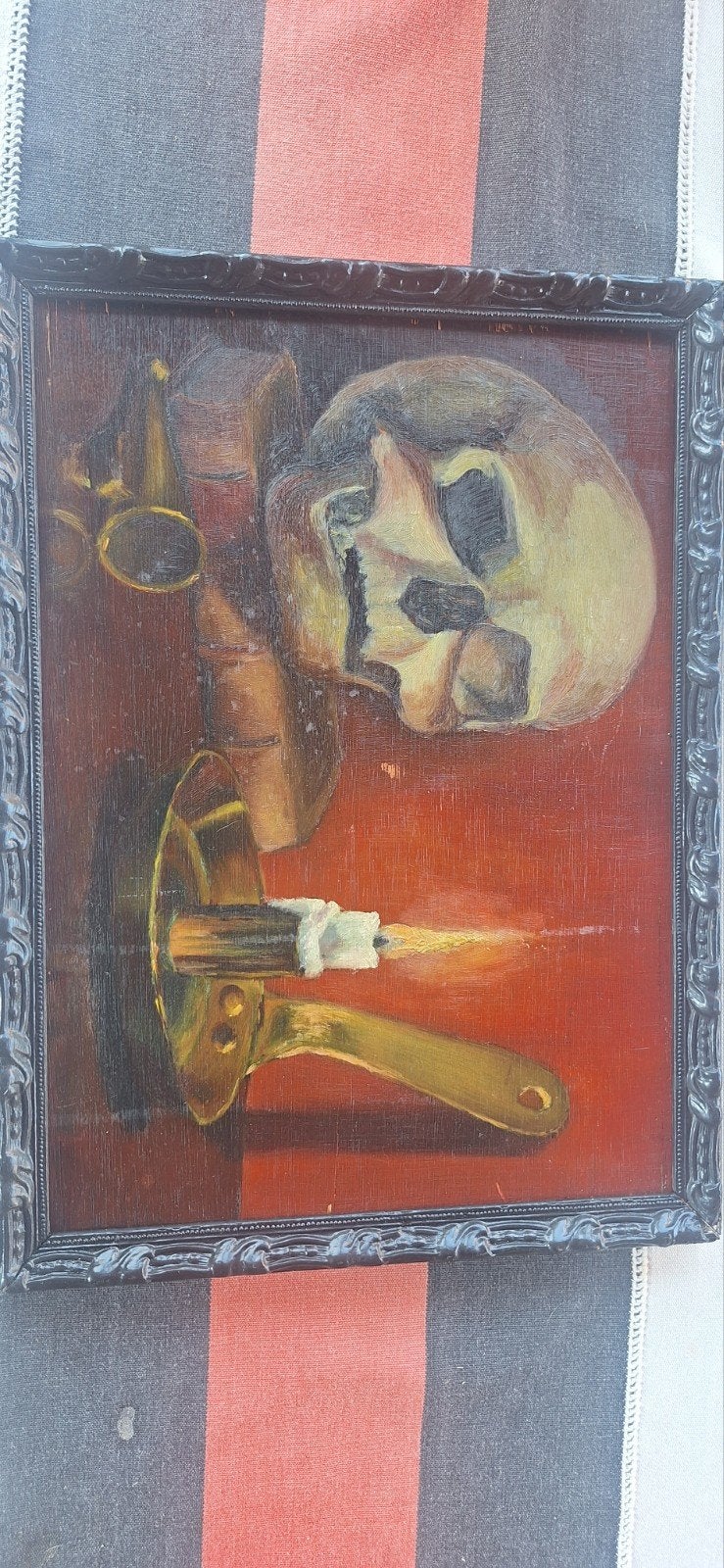 Olieverfschilderij: Vanitas stilleven met schedel en kaars, Paneel, Ingelijst, Stilleven, Ophalen of Verzenden