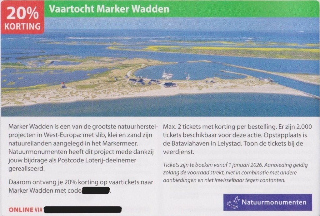 Vaartocht Marker Wadden van Natuurmonumenten. 20% korting., Drie personen of meer, Kortingsbon