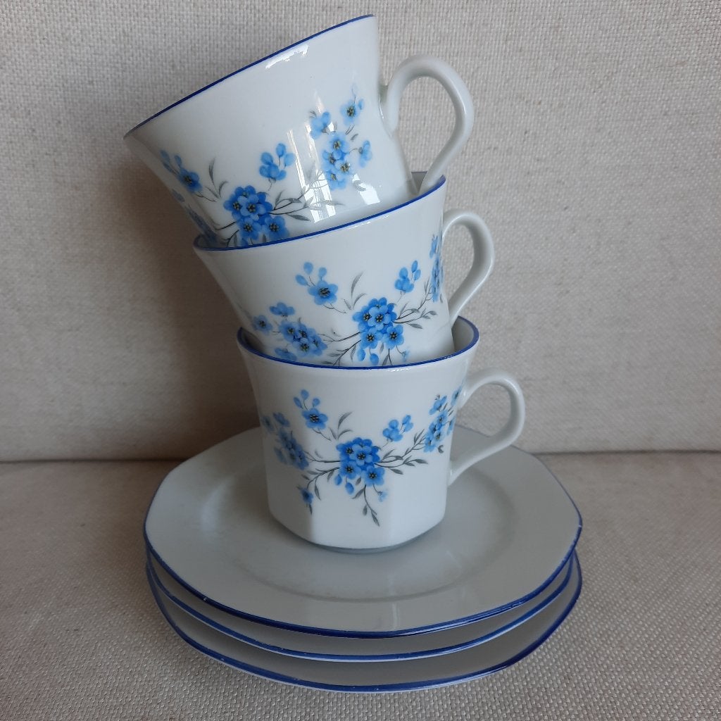 Evensberg koffie kop en schotels wit blauw bloem - 3 stuks -, Ophalen of Verzenden