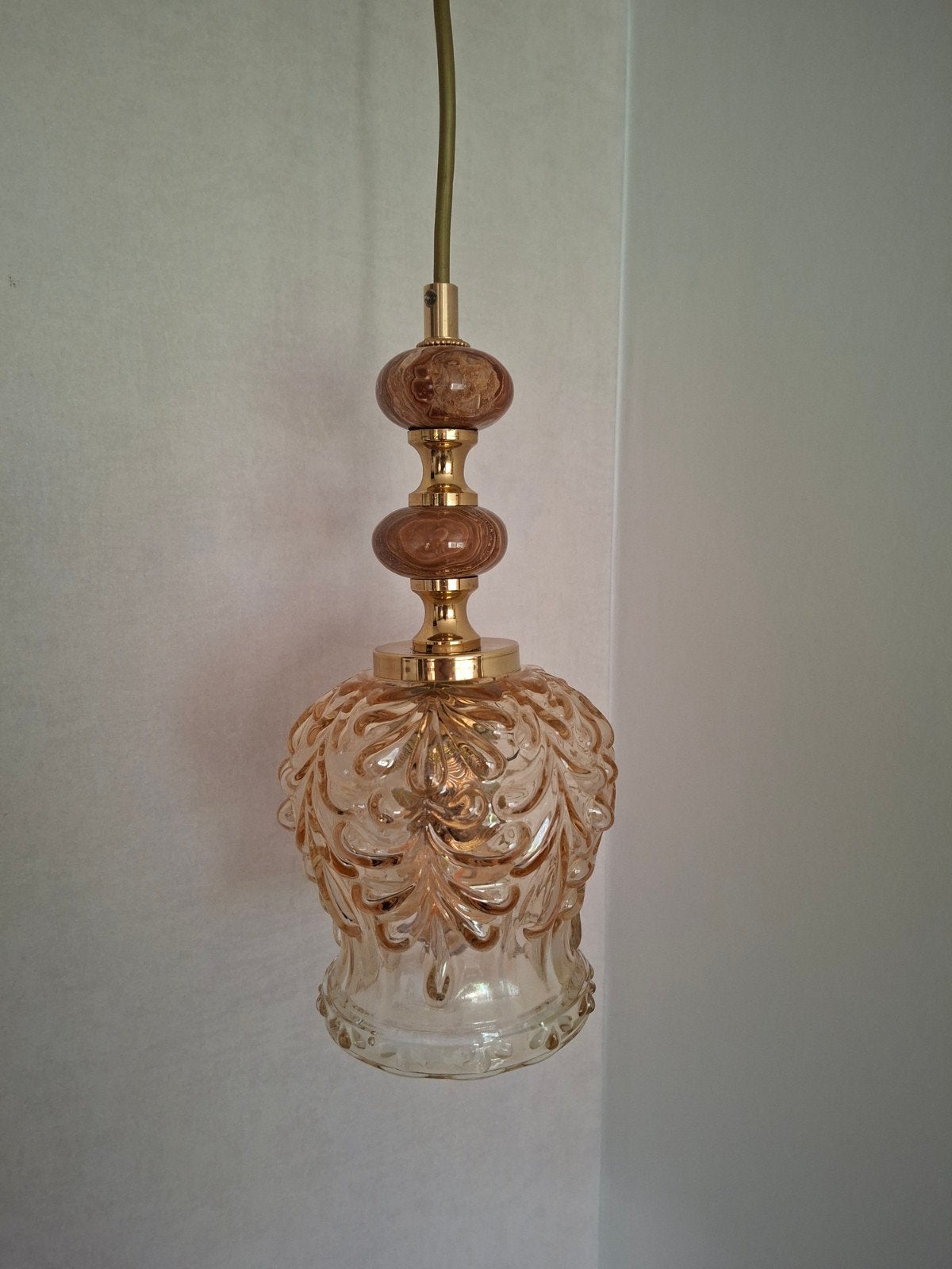 Unieke vintage glazen hanglamp – messing/amber/bruin, Gebruikt, Vintage, Glas, E27 (groot)