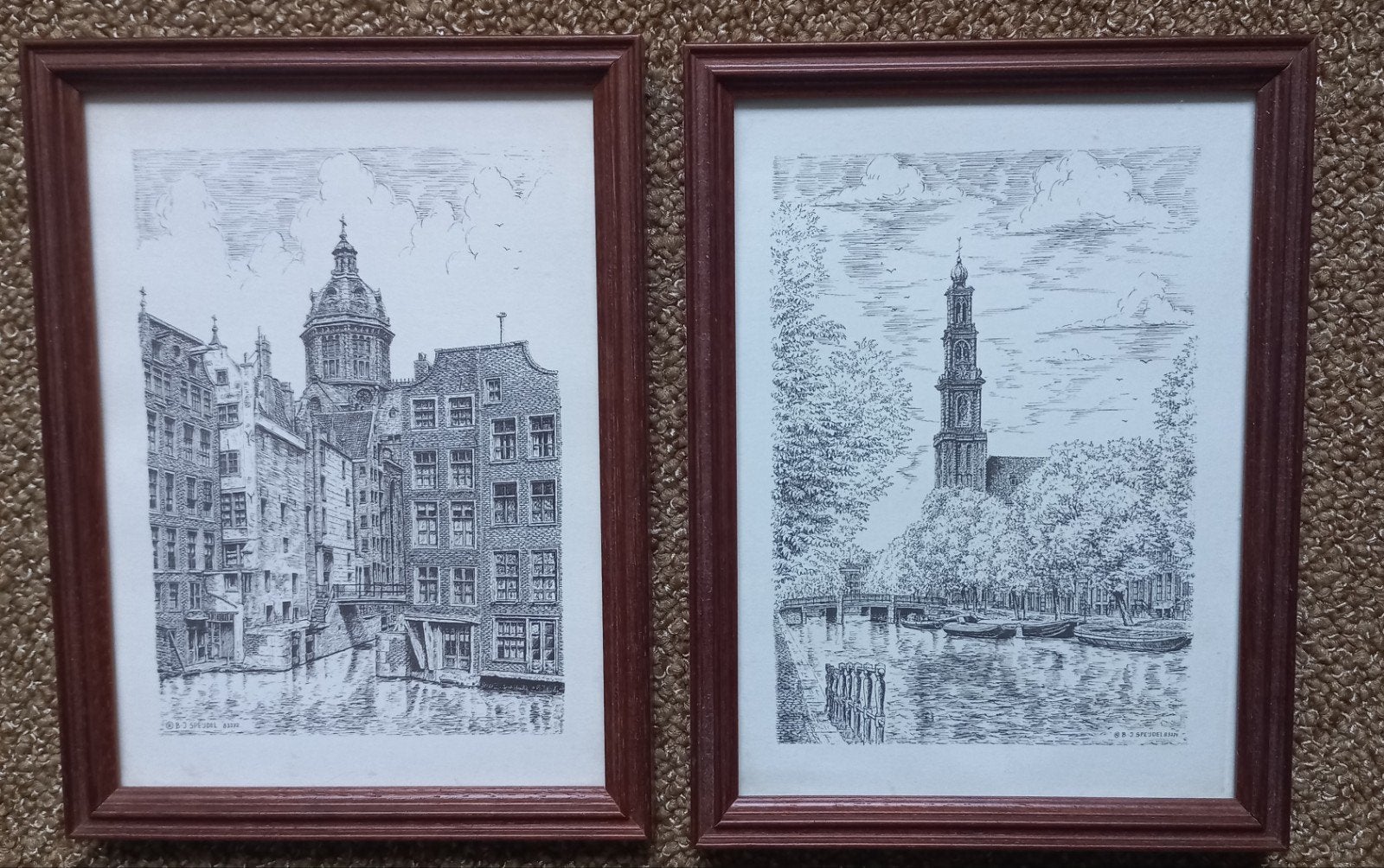 Twee ingelijste etsen van Amsterdam door B-J Speijdel, Antiek en Kunst, Kunst | Etsen en Gravures, Ets, Gesigneerd, Ingelijst