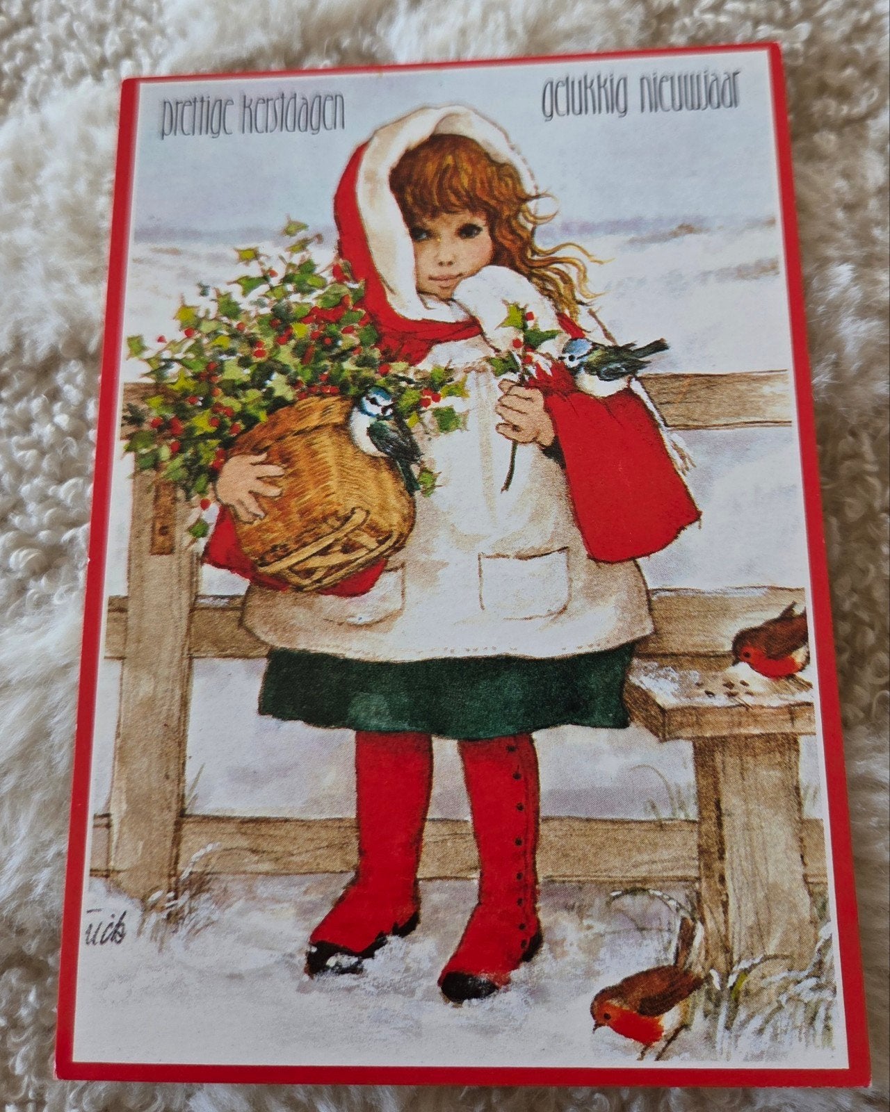 Vintage Kerstkaart - Meisje met hulst en vogeltjes (1989), Verzenden, 1980 tot heden, Gelopen, Feest(dag)