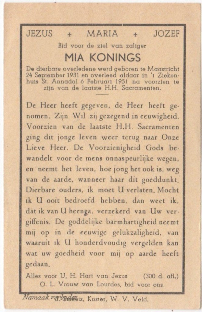 Mia Konings 1931 Maastricht + 1951 Maastricht, 19 jaar oud, Verzamelen, Ophalen of Verzenden