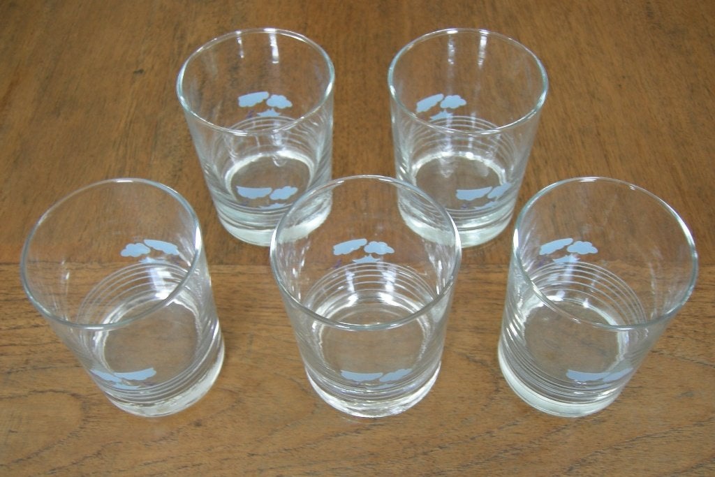 Set van 5 waterglazen / whiskyglazen laag met wolken motief., Glas of Glazen, Ophalen of Verzenden, Overige stijlen, Glas
