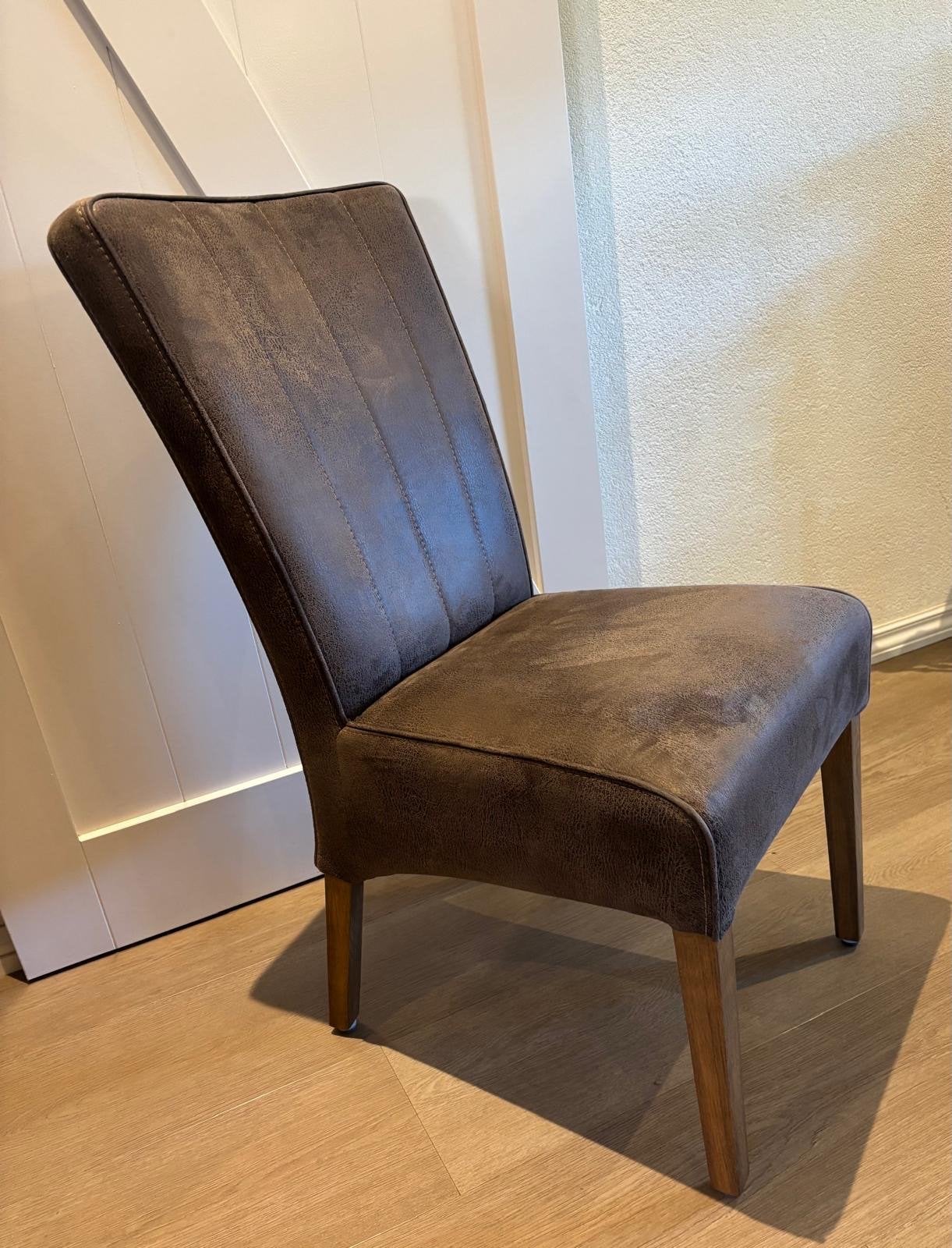 6 eetkamerstoelen vergrijsd bruin met lederstructuur, Ophalen, Gebruikt, Bruin, Leer