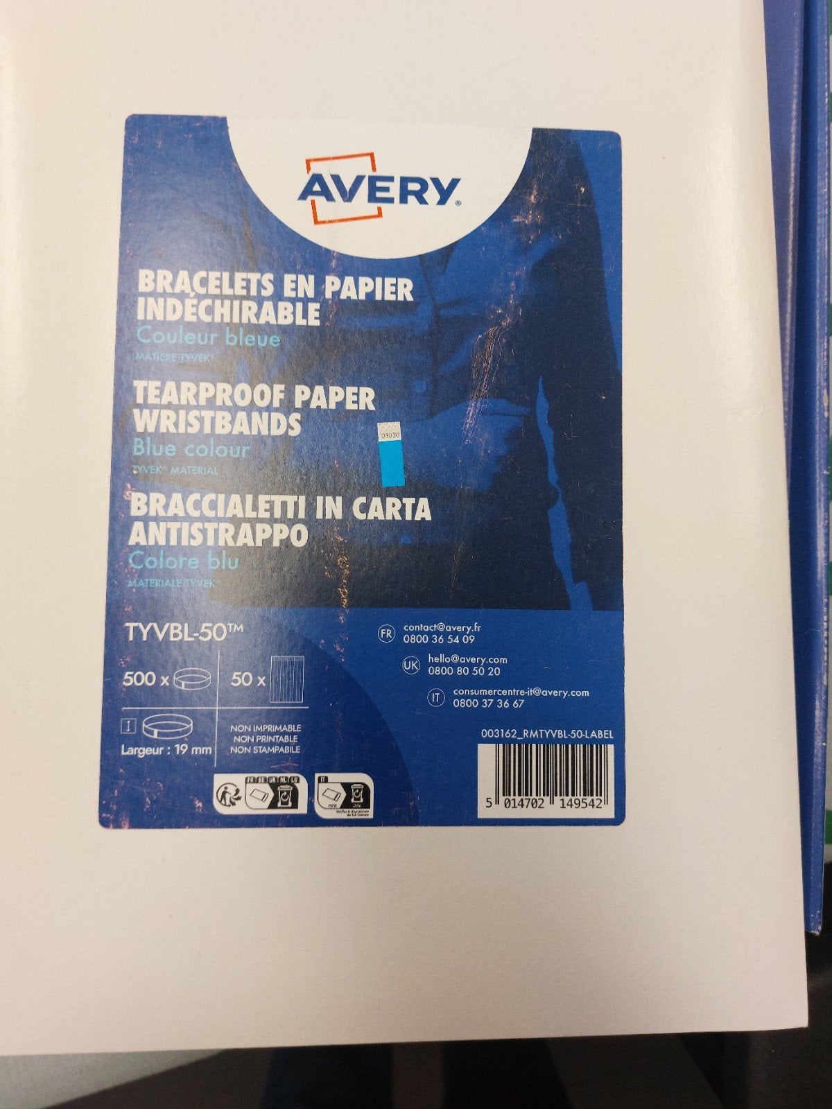 Polsbandjes Avery Tyvek neon blauw 256x19mm 500 stuks, Verzenden, Nieuw