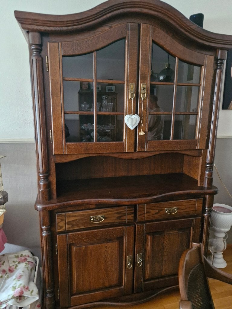 Donker eiken vitrine kast, Ophalen, Gebruikt, 200 cm of meer, Eikenhout