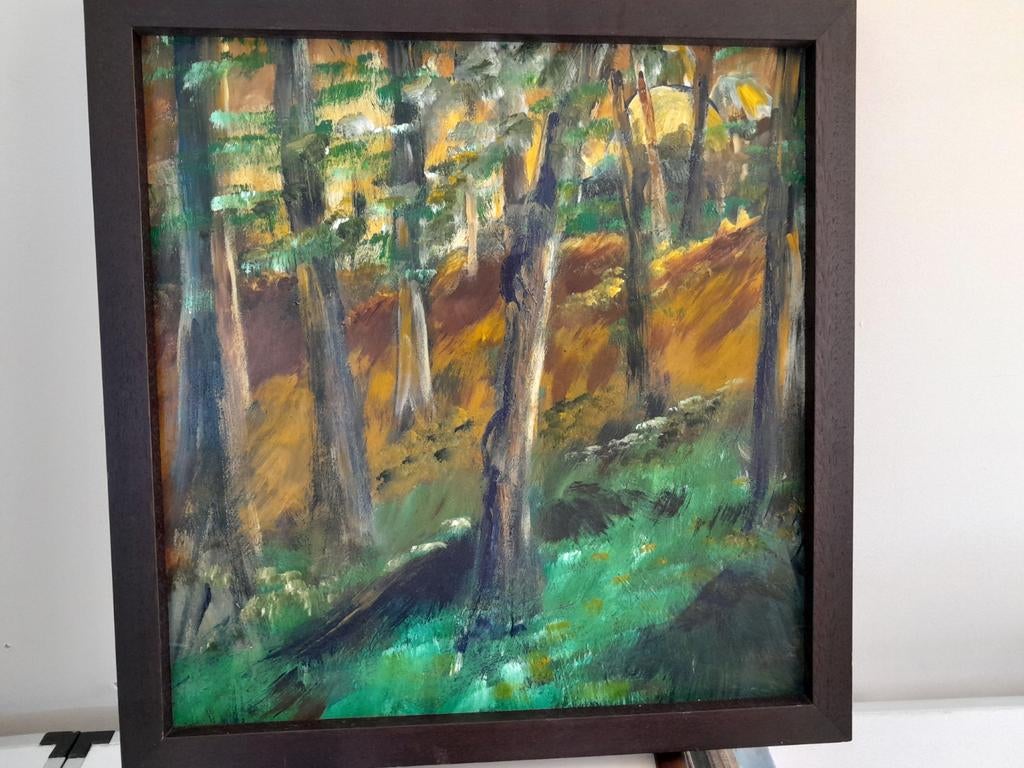 Schilderij bosgezicht, acryl op papier, Antiek en Kunst, Ophalen of Verzenden