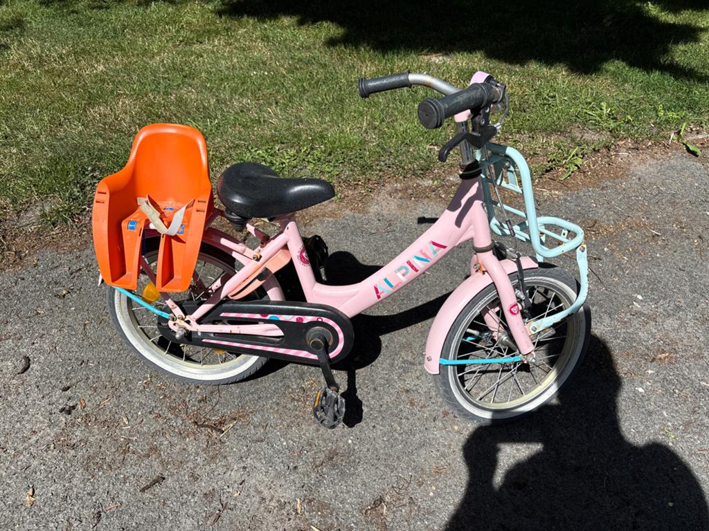 Alpina kinderfiets roze met voorrek en achterzitje, Ophalen, Gebruikt, Terugtraprem, 16 tot 20 inch