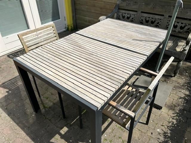 Tuintafel met 2 bijpassende stoelen, Ophalen, Gebruikt, Rechthoekig, Teakhout
