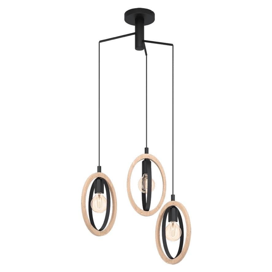 Eglo Basildon Hanglamp - Zwart met Houten Ringen, Ophalen, Zo goed als nieuw, Hout, E27 (groot)