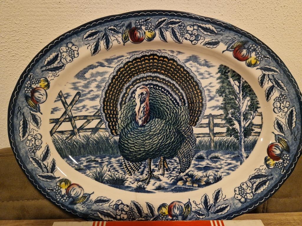 Vintage Blue Turkey Serving Dish Platter Flowers Fruit Roses, Ophalen of Verzenden