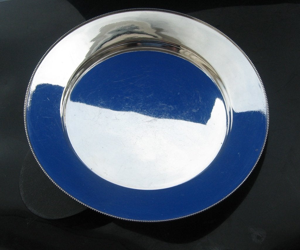 Sheffield plate silver schaal met parelrand, Gebruikt, Verzenden, Rond, Dienblad