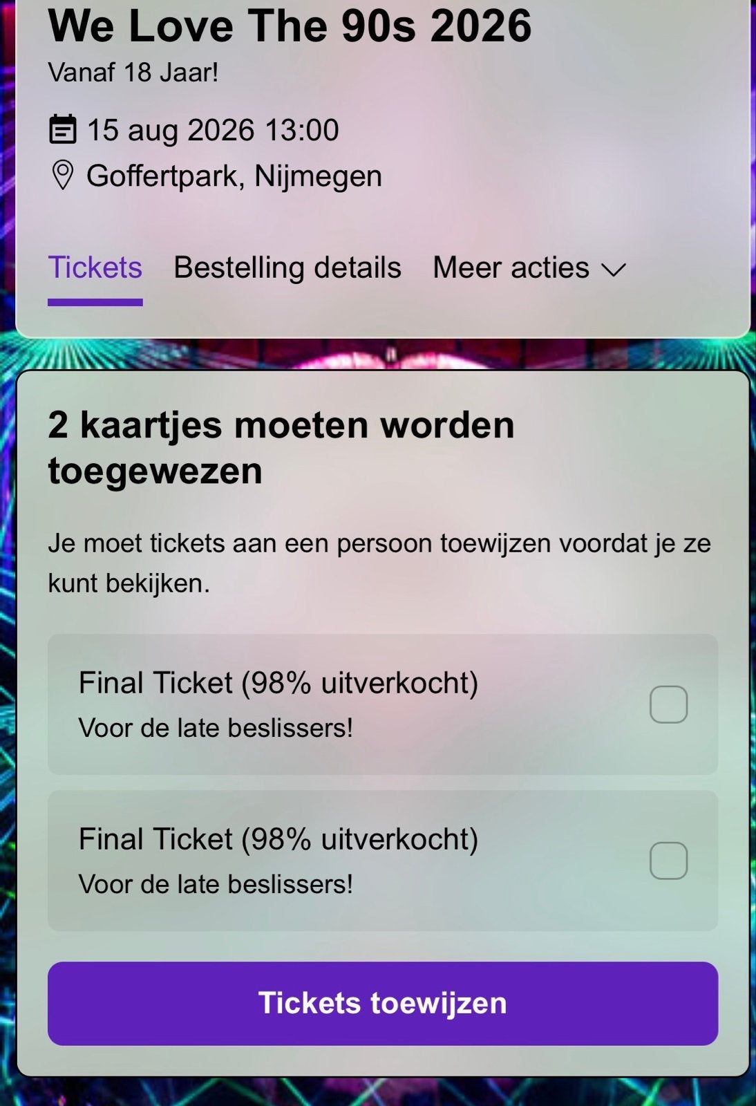 2 tickets We love the 90’s Goffertpark Nijmegen, Tickets en Kaartjes, Overige Tickets en Kaartjes, Twee personen