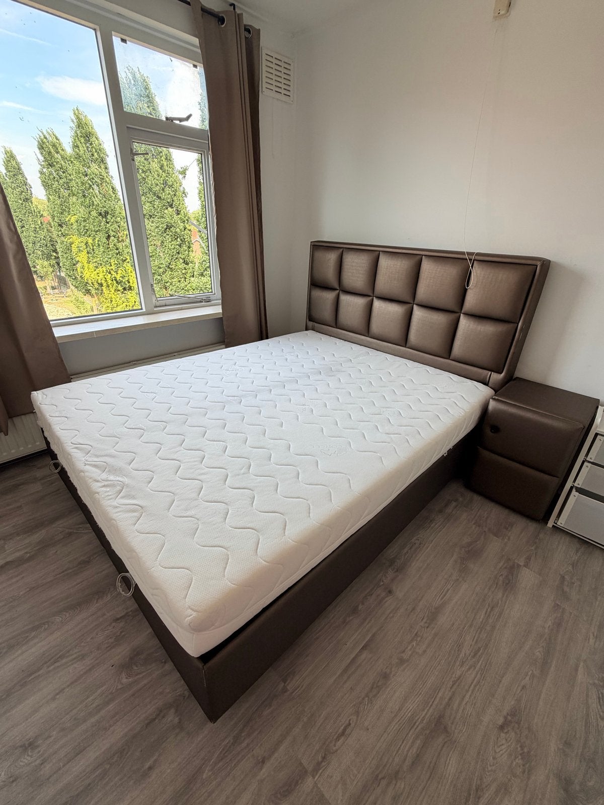 Tweepersoons boxspring met opbergruimte, Huis en Inrichting, Ophalen, Gebruikt, Bruin, Tweepersoons