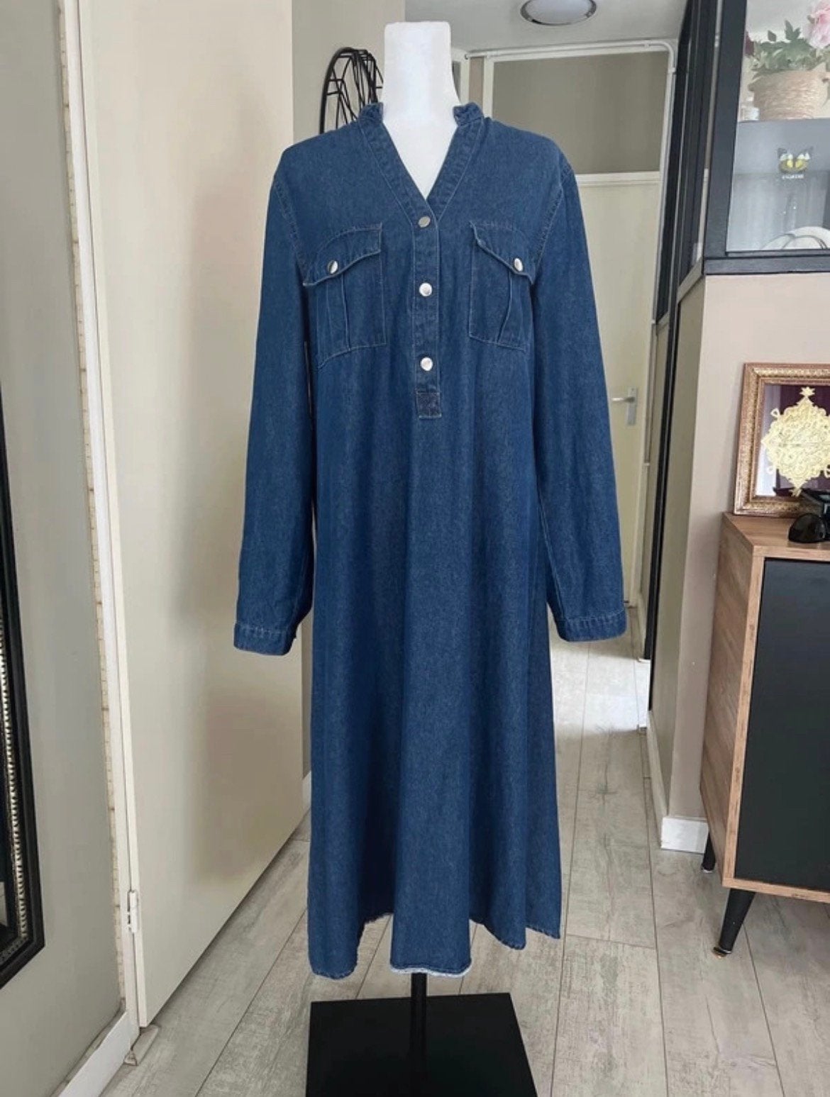 Maxi jeansjurk katoen maat M/L met zakken, Kleding | Dames, Maat 38/40 (M), Zo goed als nieuw, Onder de knie, Verzenden