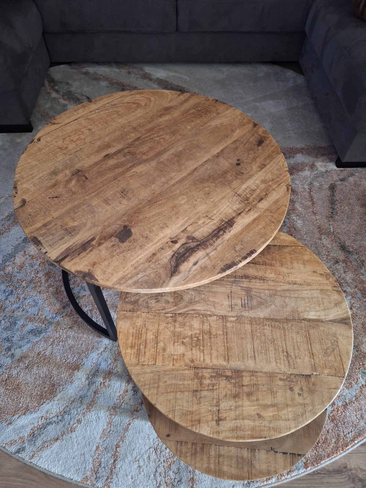 Set van 3 ronde salontafels, hout en metaal, Overige houtsoorten, Gebruikt, 50 tot 100 cm, Rond