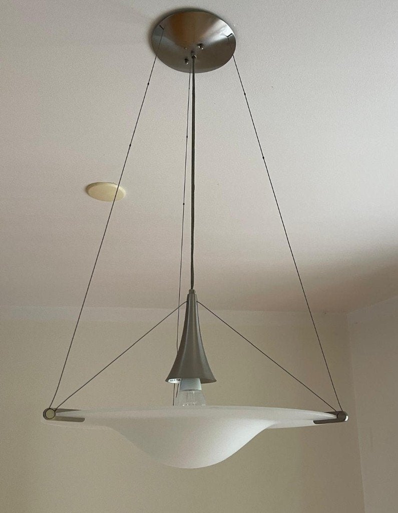 Moderne hanglamp met glazen schaal, Ophalen, Gebruikt, E27 (groot), Glas